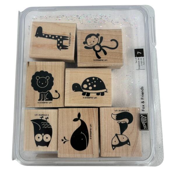 Stampin Up Fox and Friends Set of 7 Stamps Whale Owl Turtle Lion Money Giraffe - Picture 1 of 9